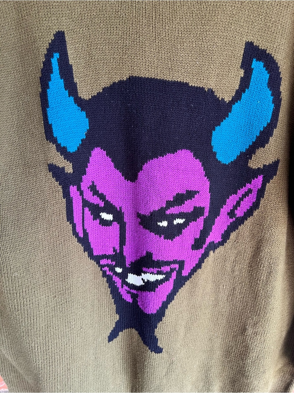 Betsey Johnson Olive Green Sweater with Purple & Blue Devil Graphic - Picture 2 of 6